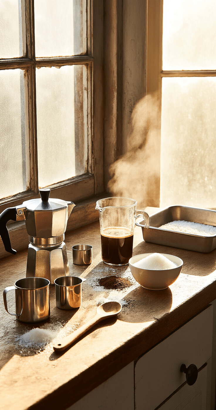 Coffee Granita: The Italian Frozen Coffee Dessert That Beats Any Summer Heat A sunlit kitchen countertop featuring a vintage moka pot with freshly brewed espresso, measuring cups, sugar, a wooden spoon, and a shallow metal baking pan, all surrounded by coffee grounds and aromatic steam.