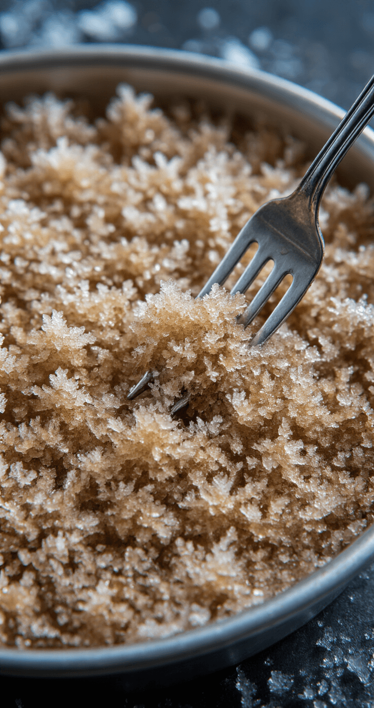Coffee Granita: The Italian Frozen Coffee Dessert That Beats Any Summer Heat Extreme close-up of shimmering coffee granita crystals in a shallow metal pan, showcasing individual crystalline structures illuminated by soft kitchen lighting, with condensation beads forming on the edges.