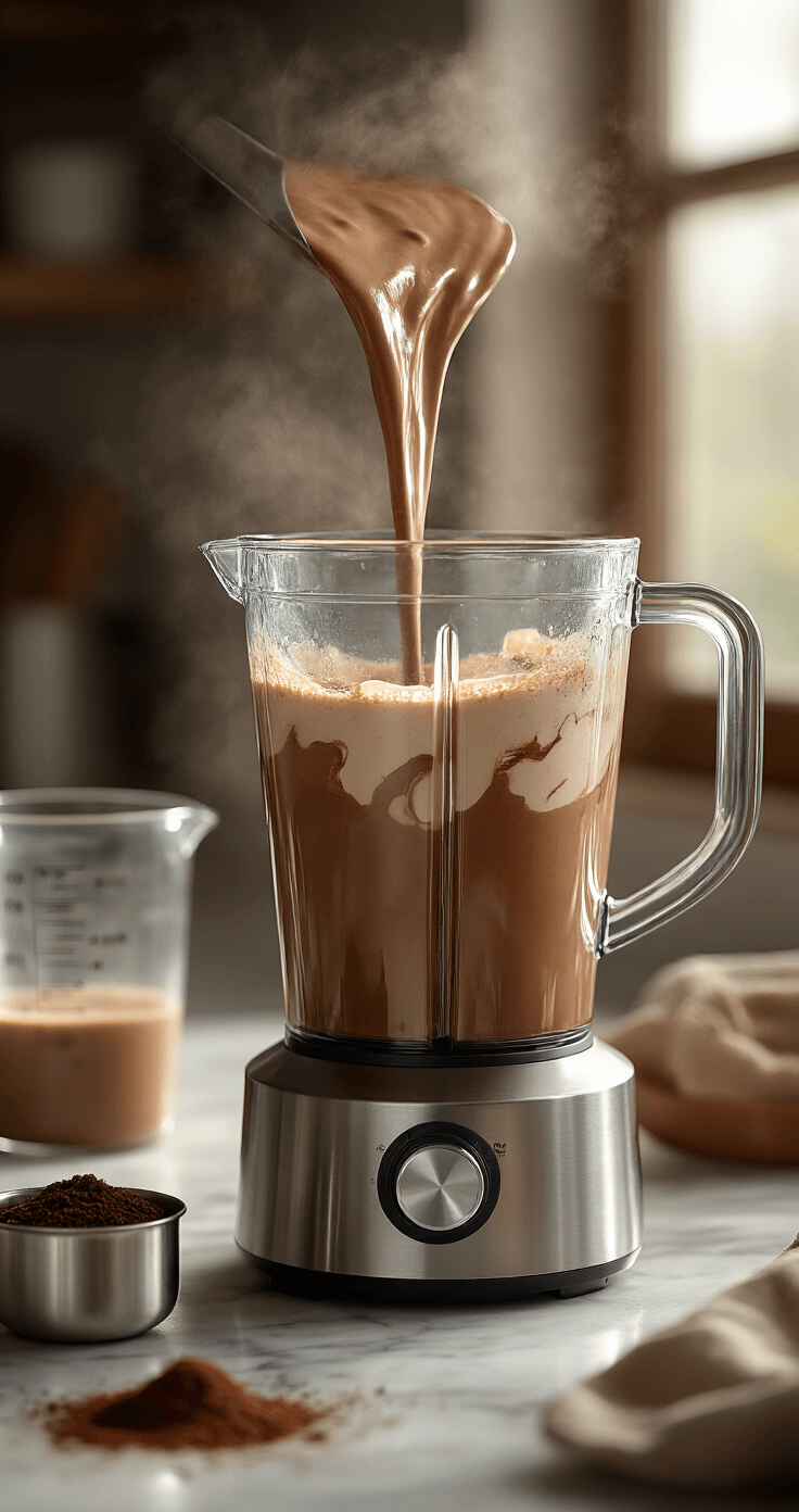 Mocha Popsicles: Rich Coffee-Chocolate Frozen Treats Close-up of a rich dark mocha mixture swirling in a sleek blender pitcher, illuminated by natural morning light, with measuring cups of coffee grounds, cocoa powder, and vanilla on a marble countertop.