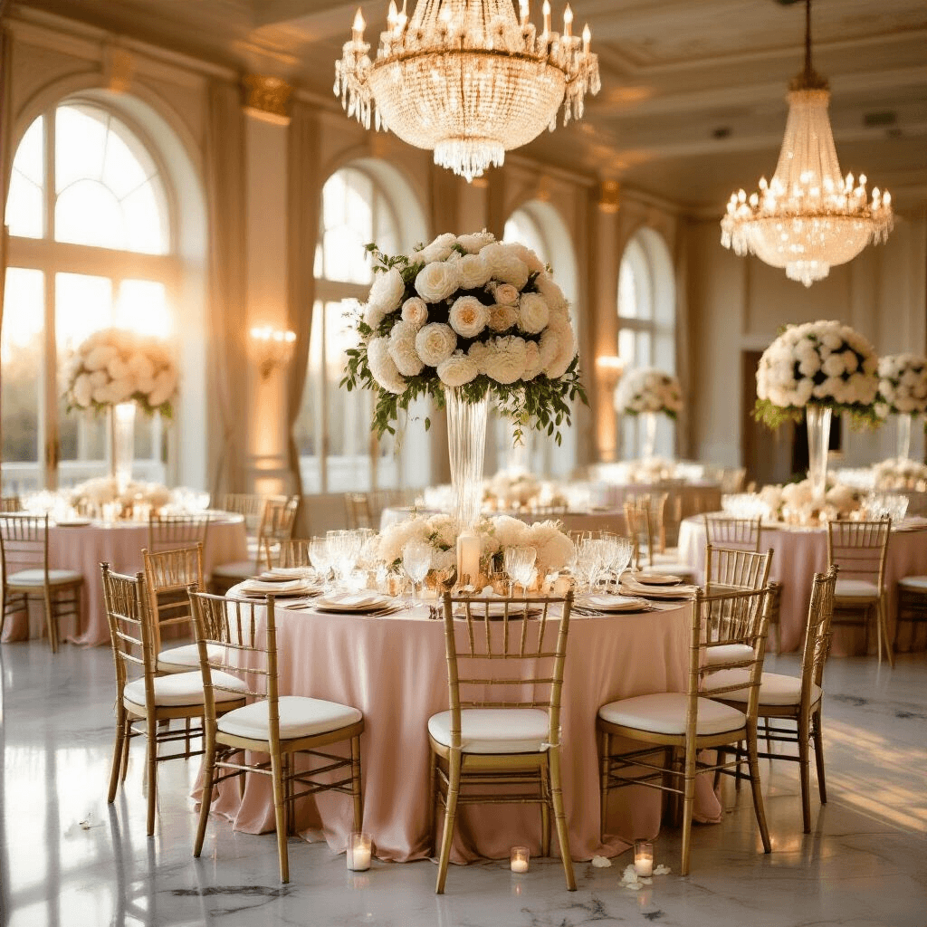 Comprehensive Guide to Home Decor: Crafting Your Dream Space Step by Step Elegant indoor ballroom during golden hour with blush pink silk table linens, cream lace overlays, crystal chandeliers, marble floors, tall centerpieces of white peonies and eucalyptus, gold Chiavari chairs with ivory cushions, fine bone china and crystal stemware, floor-to-ceiling windows allowing soft sunlight, and decorative rose petals and floating candles.