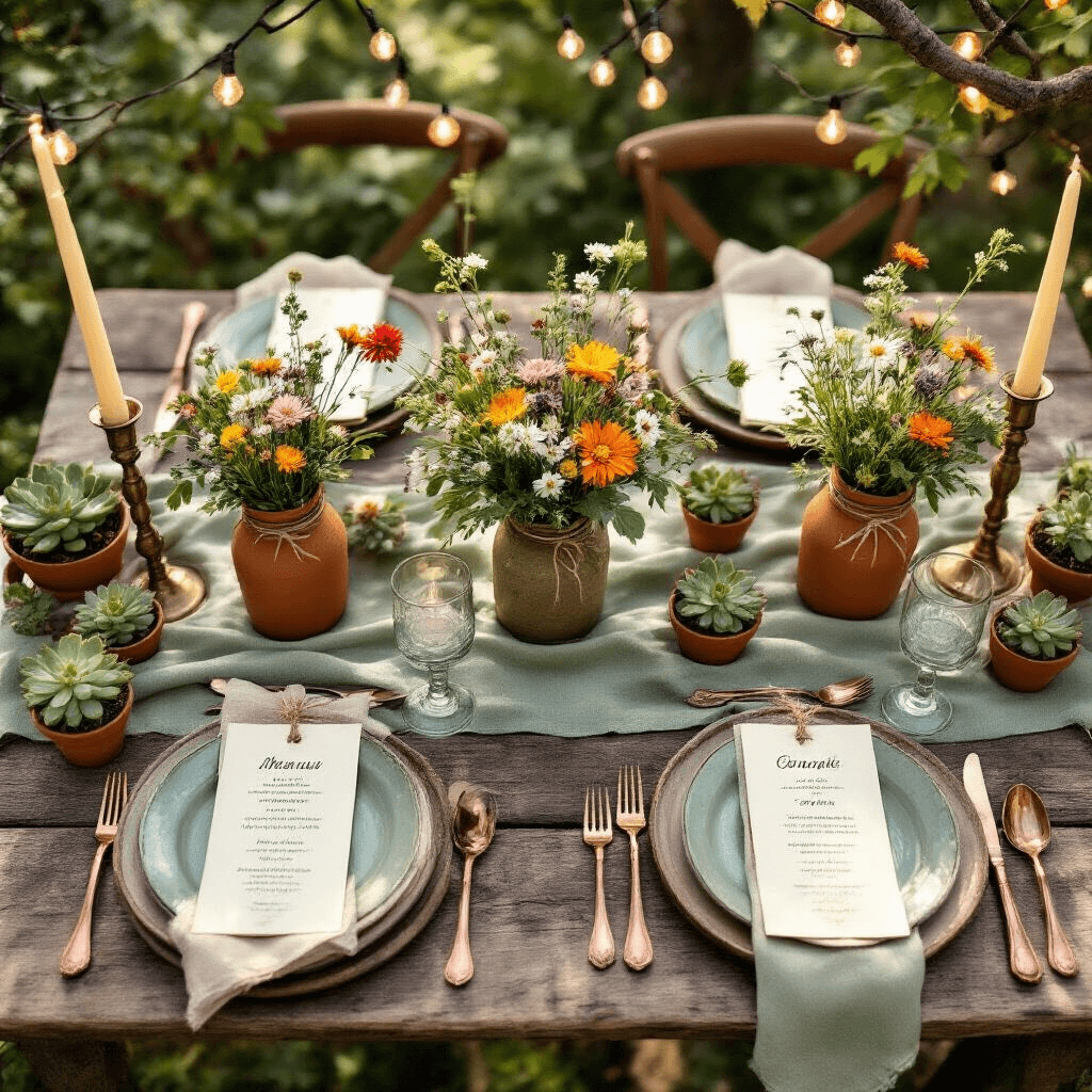 Comprehensive Guide to Home Decor: Crafting Your Dream Space Step by Step Overhead view of a rustic garden party setup featuring a wooden farm table with terracotta and sage green table runners, wildflower-filled mason jar centerpieces, vintage brass candlesticks with cream candles, earthy-toned ceramic plates, copper flatware, and twine-tied linen napkins. Fairy lights drape through tree branches, and small terracotta pots of succulents are scattered as favors.