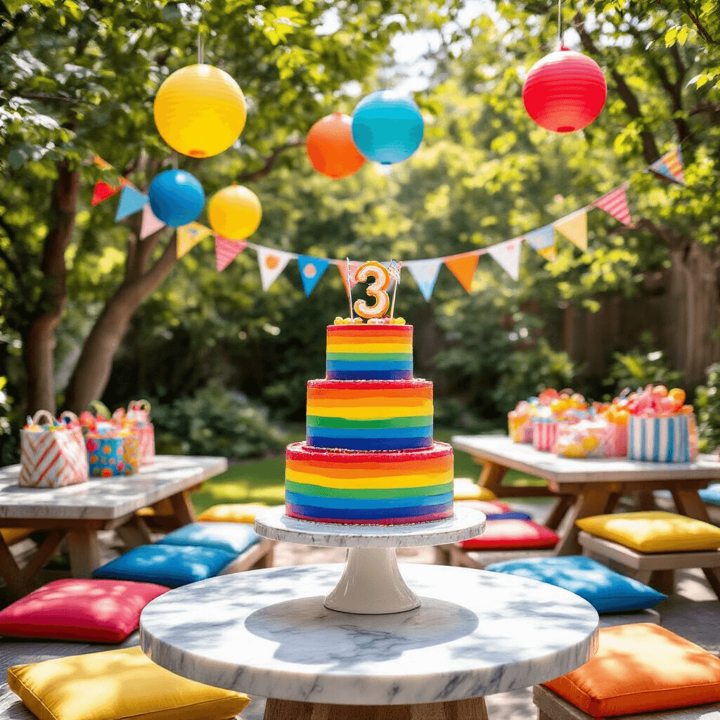 Comprehensive Guide to Home Decor: Crafting Your Dream Space Step by Step Close-up of a whimsical children's birthday party in a stylish backyard, featuring a three-tiered rainbow cake on a marble pedestal surrounded by bold primary colors, striped table runners, balloon garlands, colorful paper lanterns, low picnic tables with bright floor cushions, DIY party favor bags, playful bunting, and oversized number balloons.