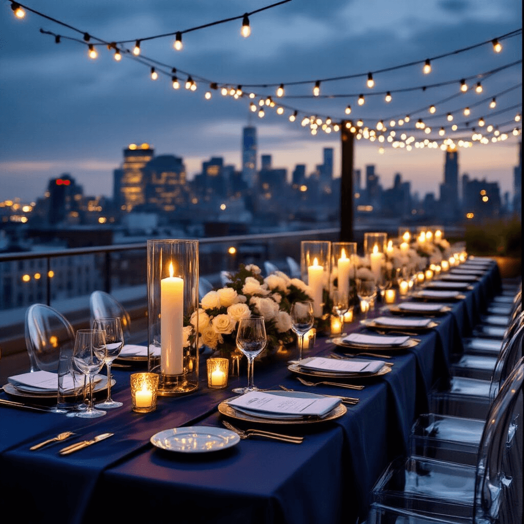 Comprehensive Guide to Home Decor: Crafting Your Dream Space Step by Step A luxurious rooftop dinner party at dusk, featuring long tables with navy silk runners, gold accents, tall hurricane lamps with candles, and centerpieces of white roses and greenery, all under a canopy of string lights and overlooking a city skyline.