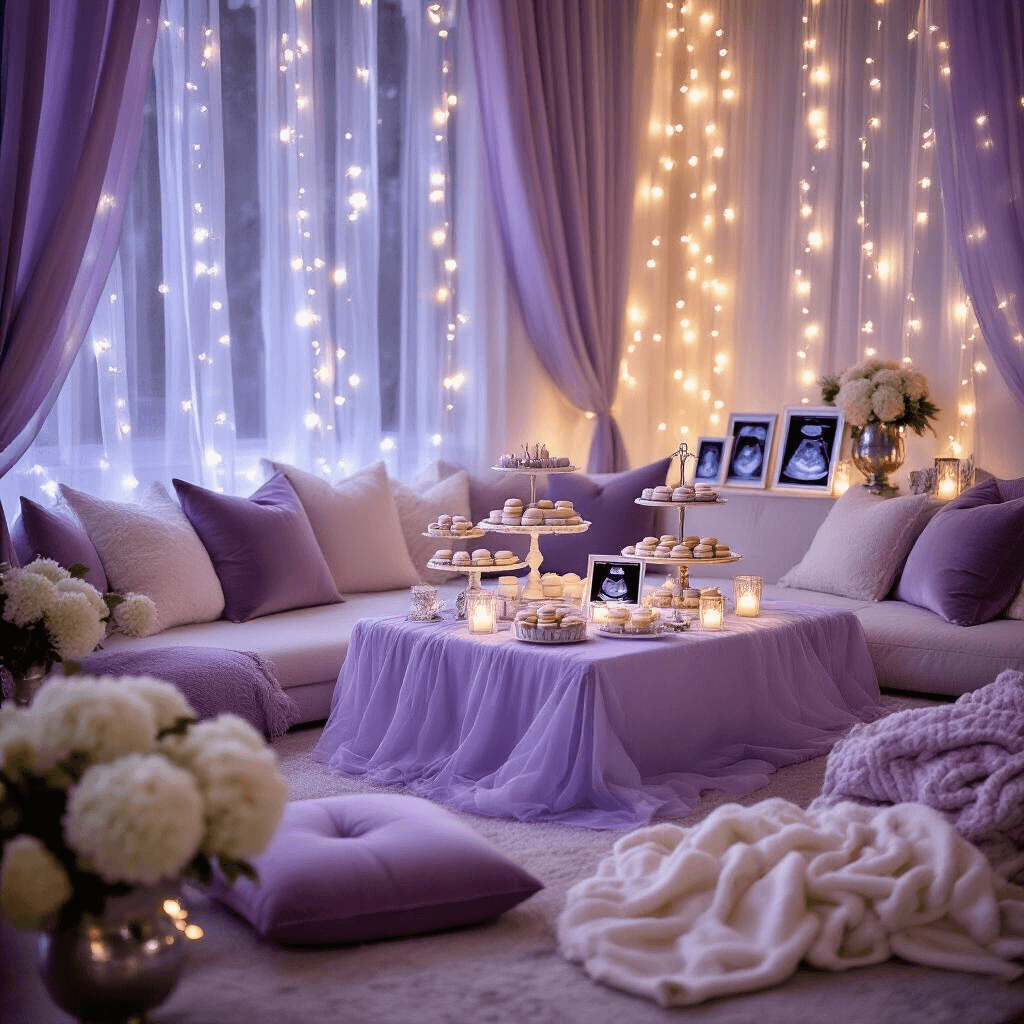 Comprehensive Guide to Home Decor: Crafting Your Dream Space Step by Step Cozy living room baby shower scene with fairy lights, lavender and silver dessert cart, pastel velvet cushions, low coffee table draped in sheer lavender fabric, tiered cake stands of macarons and petit fours, silver frames with ultrasound photos, vintage silver vases of hydrangeas, and cream cashmere throw blankets.