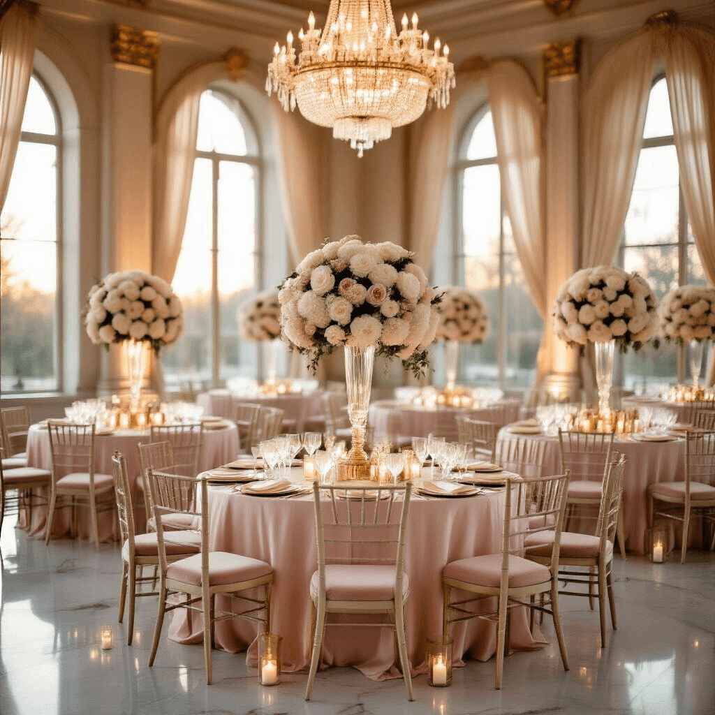 Article Outline for Home Decor: Guidelines and Suggestions Elegant ballroom set for an event at golden hour, featuring blush pink silk table linens, towering floral centerpieces, and warm chandelier lighting, with ivory Chiavari chairs and marble flooring reflecting the ambiance.