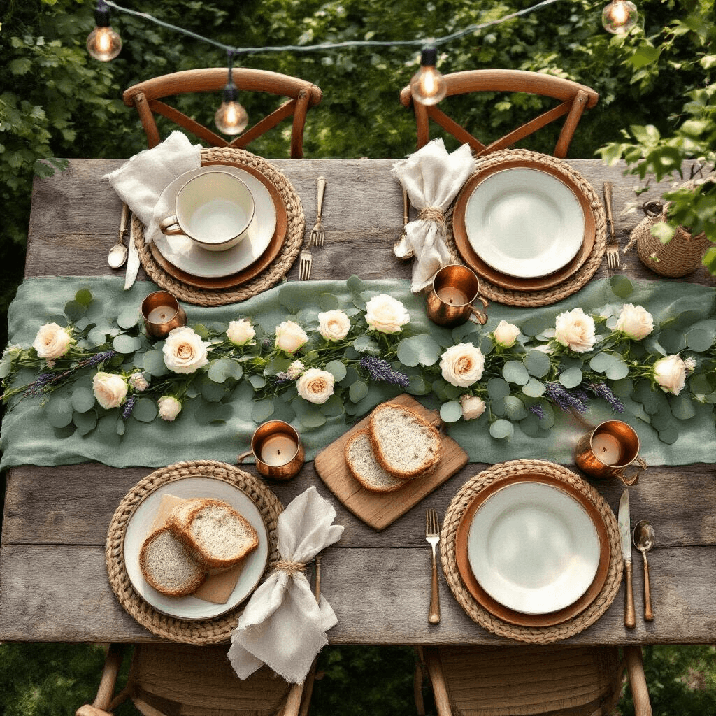 Article Outline for Home Decor: Guidelines and Suggestions A beautifully arranged intimate garden brunch setup with a rustic wooden table featuring sage green linens, terracotta plates, fresh eucalyptus garlands, white roses, lavender, rattan chargers, copper mugs, vintage brass candlesticks, ivory candles, artisanal sourdough bread, and tied jute napkins with twine and herbs, all bathed in soft morning light.