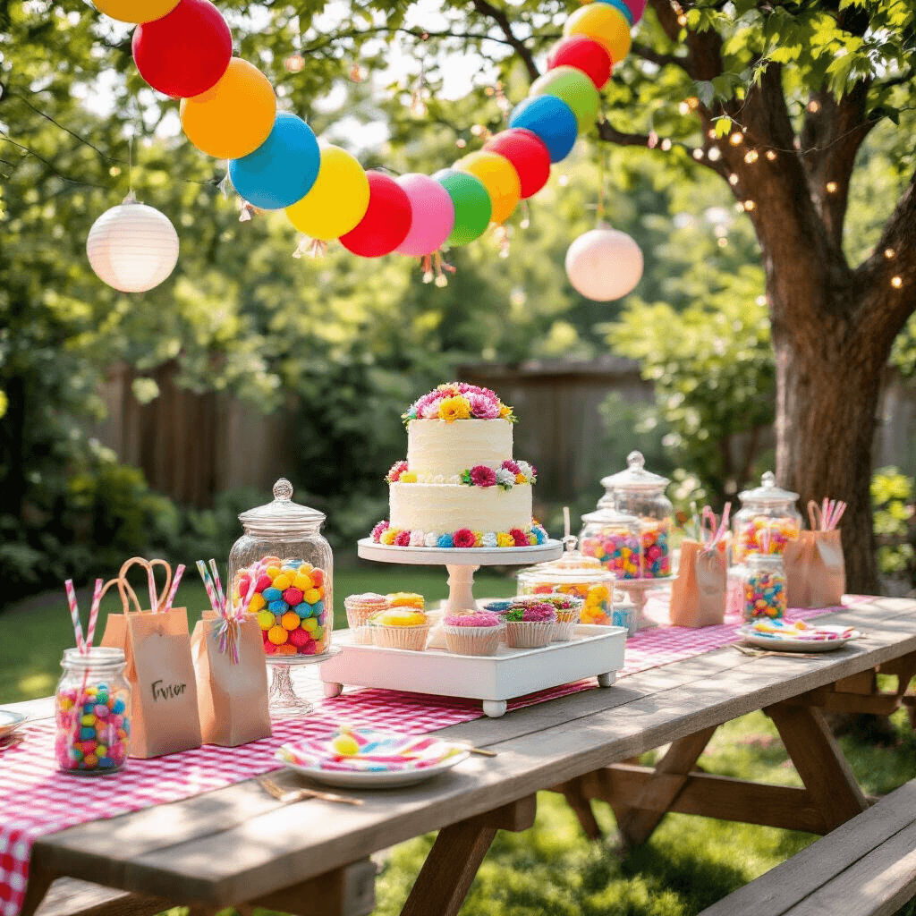 Article Outline for Home Decor: Guidelines and Suggestions Close-up detail shot of a whimsical children's birthday party featuring a dessert cart with rainbow balloon garlands, a three-tier vanilla cake with buttercream flowers, colorful candy jars, gingham table runners, paper lanterns, and picnic tables adorned with kraft paper runners and personalized favor bags.