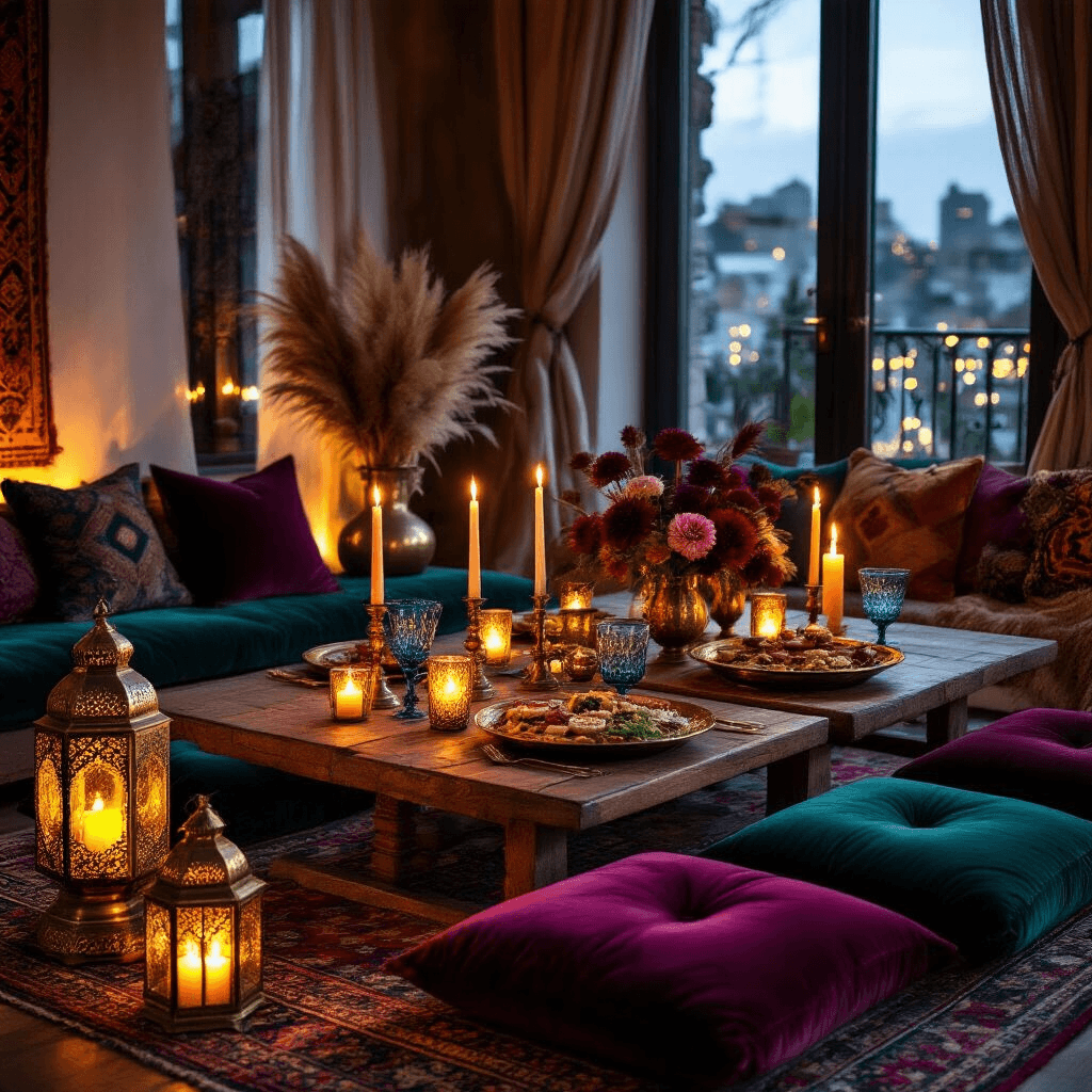 Article Outline for Home Decor: Guidelines and Suggestions Cozy dinner party in a candlelit living room with low wooden tables, jewel-toned velvet cushions, Moroccan brass lanterns, pillar candles, rich tapestries, Persian rugs, mezze platters, vintage glassware, and floral arrangements, all framed by sheer curtains and city lights.