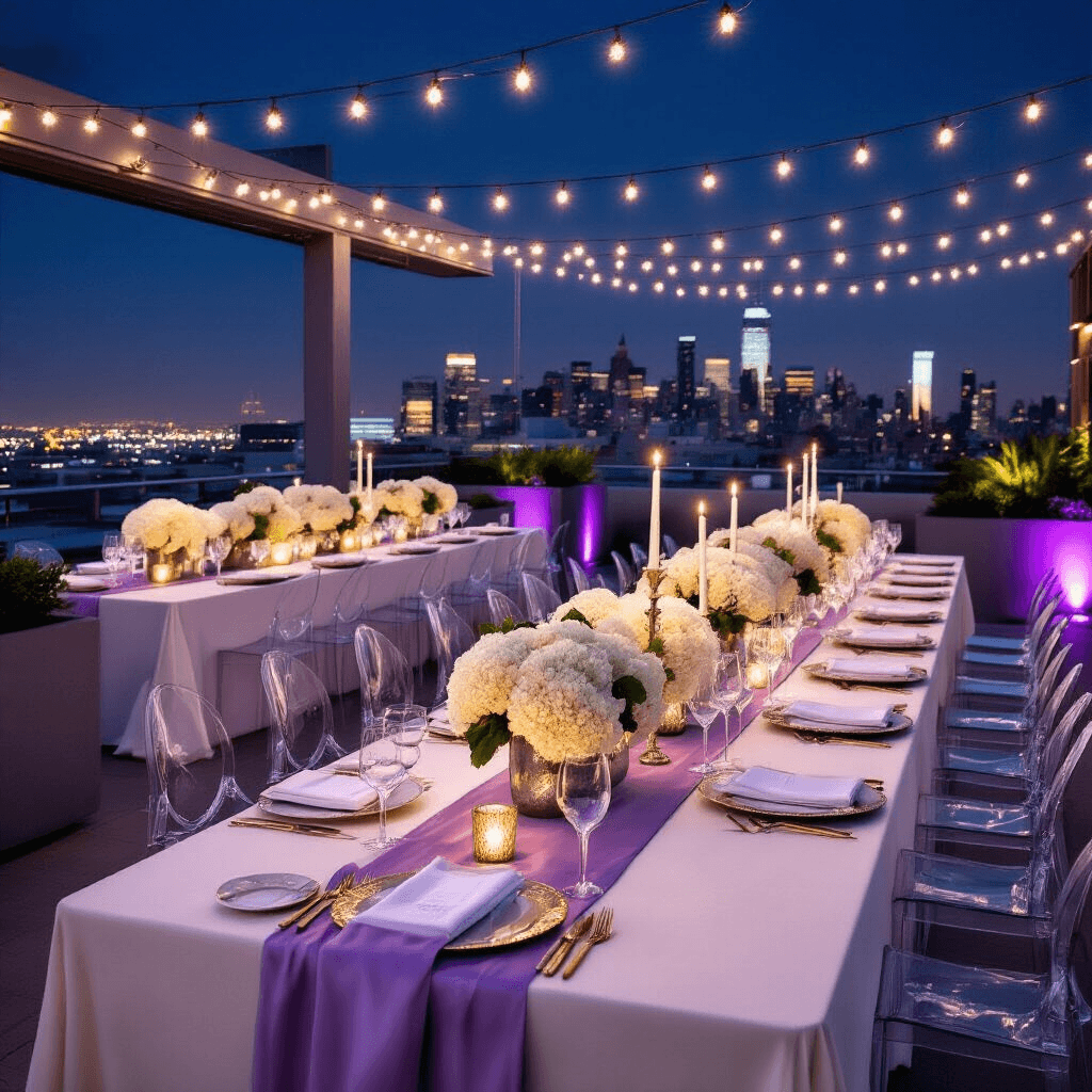 Article Outline for Home Decor: Guidelines and Suggestions A luxurious rooftop terrace celebration at night, featuring long tables dressed in ivory linen and lavender silk runners, modern planters with white hydrangeas, sleek silver candelabras, ghost chairs, and a city skyline backdrop illuminated by soft purple uplighting and string lights.