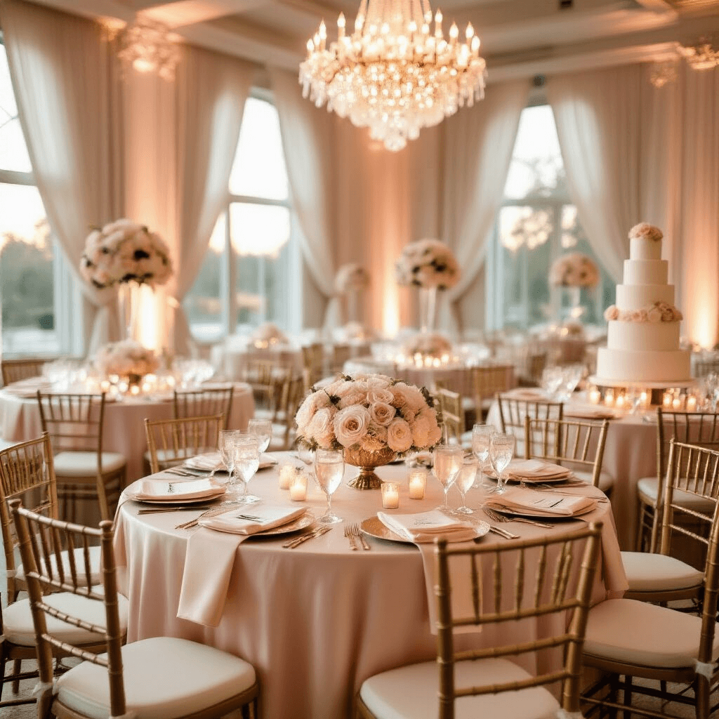 There is a Disconnect in Your Request Wide-angle shot of an elegant ballroom at golden hour, featuring blush pink silk-covered tables with cream napkins, crystal chandeliers, ivory and gold floral centerpieces, champagne gold Chiavari chairs with calligraphy place cards, sheer ivory drapery, floating candles, and a three-tiered white wedding cake adorned with fresh flowers.