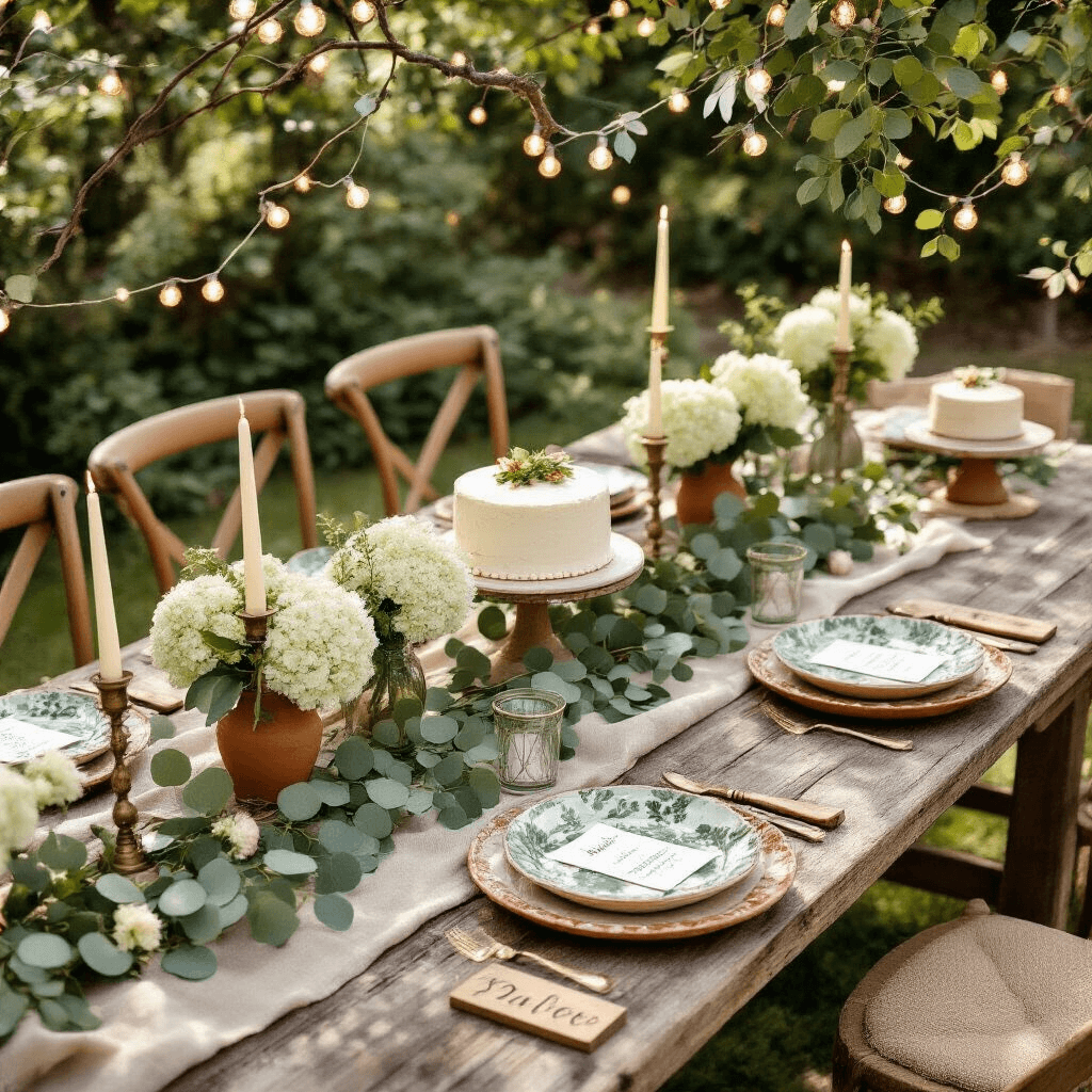 There is a Disconnect in Your Request Overhead view of a whimsical garden party setup featuring a rustic wooden table adorned with terracotta and sage green decor, hand-painted ceramic plates on linen runners, eucalyptus garlands, white hydrangeas in mason jars, vintage brass candlesticks with ivory candles, burlap chair cushions, personalized wooden signs, a naked cake with fresh herbs on a reclaimed wood stand, and string lights draped through olive branches for soft morning light.