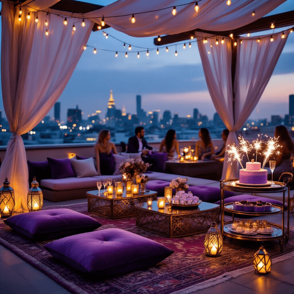 There is a Disconnect in Your Request Cinematic rooftop terrace birthday celebration at night with fairy lights, low lounge tables, velvet cushions in lavender and silver, Moroccan lanterns, modern dessert cart with ombre purple cake, champagne flutes with sparklers, sheer curtains, string lights overhead, and urban skyline in the background.