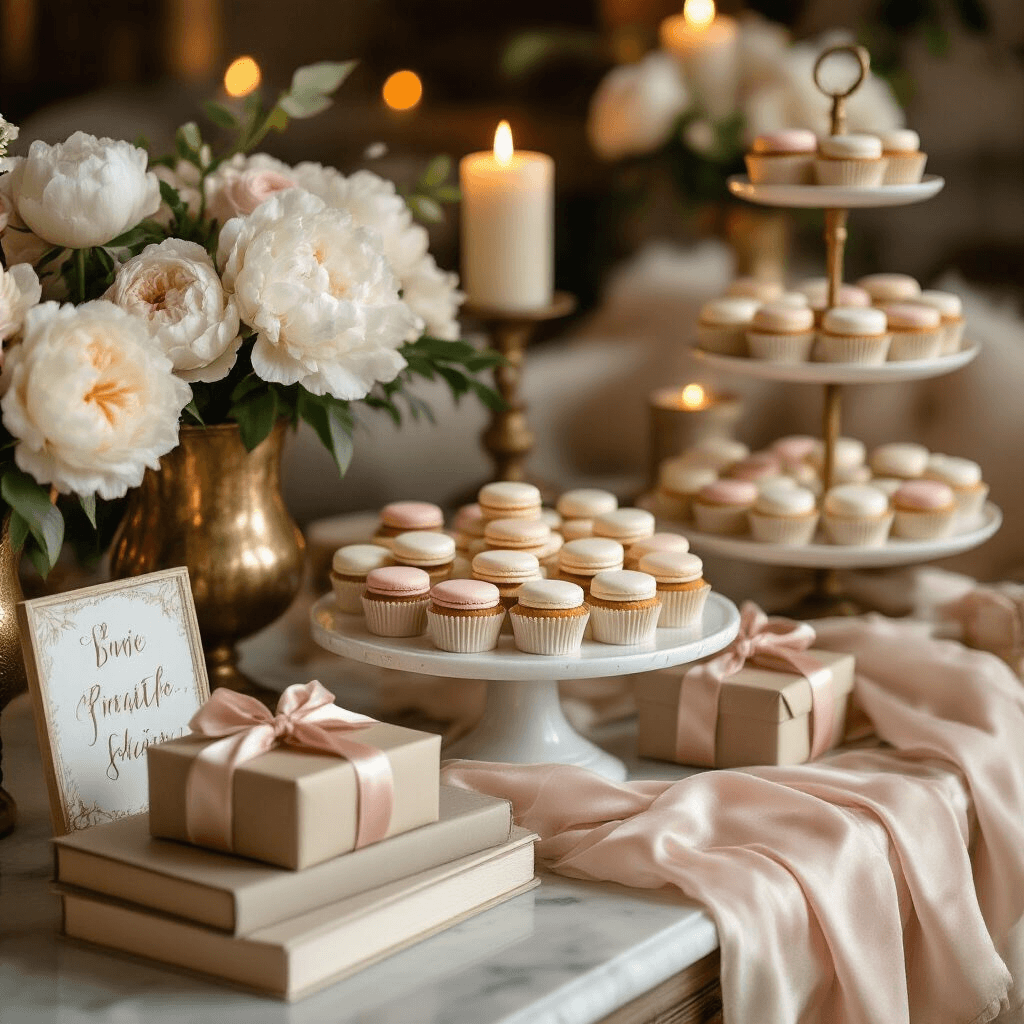 There is a Disconnect in Your Request Close-up of a cozy candlelit living room baby shower featuring a dessert table with cream and gold accents, displaying tiered cake stands of pastel macarons and mini cupcakes, fresh white peonies in vintage brass vessels, silk blush ribbon on a marble console, hand-lettered signage beside stacked vintage books, and gift boxes wrapped in kraft paper with velvet ribbons, all illuminated by varying heights of pillar candles.