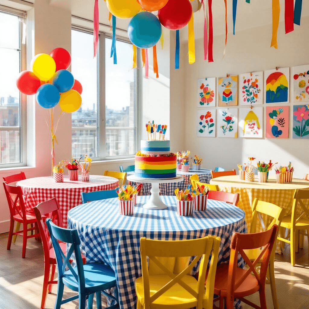 There is a Disconnect in Your Request A vibrant children's birthday party in a modern apartment with bright primary colors, featuring cheerful tables, a rainbow layer cake, colorful balloon arrangements, and a backdrop of children's artwork under streaming midday sunlight.