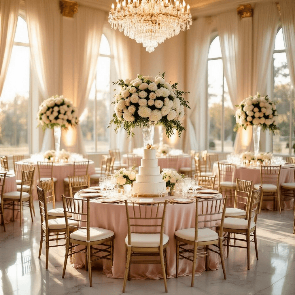 I'm sorry, but you need to provide the article outline in order for me to extract the title. Elegant indoor ballroom at golden hour, featuring round tables with blush pink silk linens and cream lace overlays, crystal chandeliers, tall floral centerpieces, ivory chiavari chairs with velvet cushions, personalized gold calligraphy place cards, sheer ivory drapery framing windows, and a multi-tiered white wedding cake with gold leaf details on a marble pedestal surrounded by pillar candles.