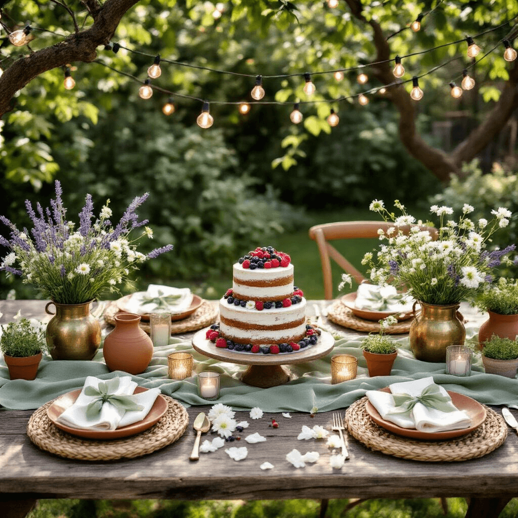 I'm sorry, but you need to provide the article outline in order for me to extract the title. Overhead view of a rustic garden party setup featuring a wooden farm table with terracotta dishes, sage green linen runners, and vintage brass vases filled with lavender and wildflowers, accented by string lights and rattan chargers with cream napkins. A three-tier naked cake with berries sits on a reclaimed wood stand amidst votives and flower petals.