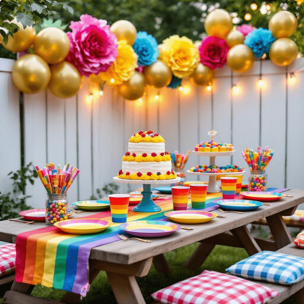 I'm sorry, but you need to provide the article outline in order for me to extract the title. A whimsical children's birthday celebration in a stylish backyard, featuring colorful picnic tables with rainbow-striped linens, bold melamine dishes, oversized tissue paper flowers, metallic gold helium balloons, tiered dessert displays, DIY hand-painted signs, mason jar party favors, gingham cushions for seating, and a rainbow layer cake adorned with buttercream rosettes.