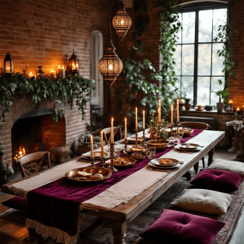 I'm sorry, but you need to provide the article outline in order for me to extract the title. Cozy candlelit living room set for an intimate dinner party, featuring a long wooden dining table with velvet runners, brass candlesticks casting shadows, jewel-toned floor cushions, Moroccan lanterns, and a rustic cheese board surrounded by rose petals and wine bottles.