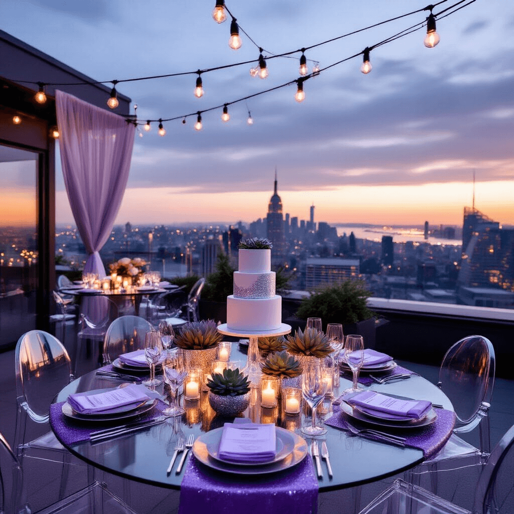 I'm sorry, but you need to provide the article outline in order for me to extract the title. A modern rooftop terrace celebration at twilight, featuring acrylic dining tables with lavender and silver decor, geometric glass terrariums with succulents, string lights overhead, silver sequined table runners, ghost chairs, metallic charger plates, a minimalist three-tier cake with silver drip detail, and clusters of silver and white balloons, all framed by sheer curtains and a city skyline backdrop.