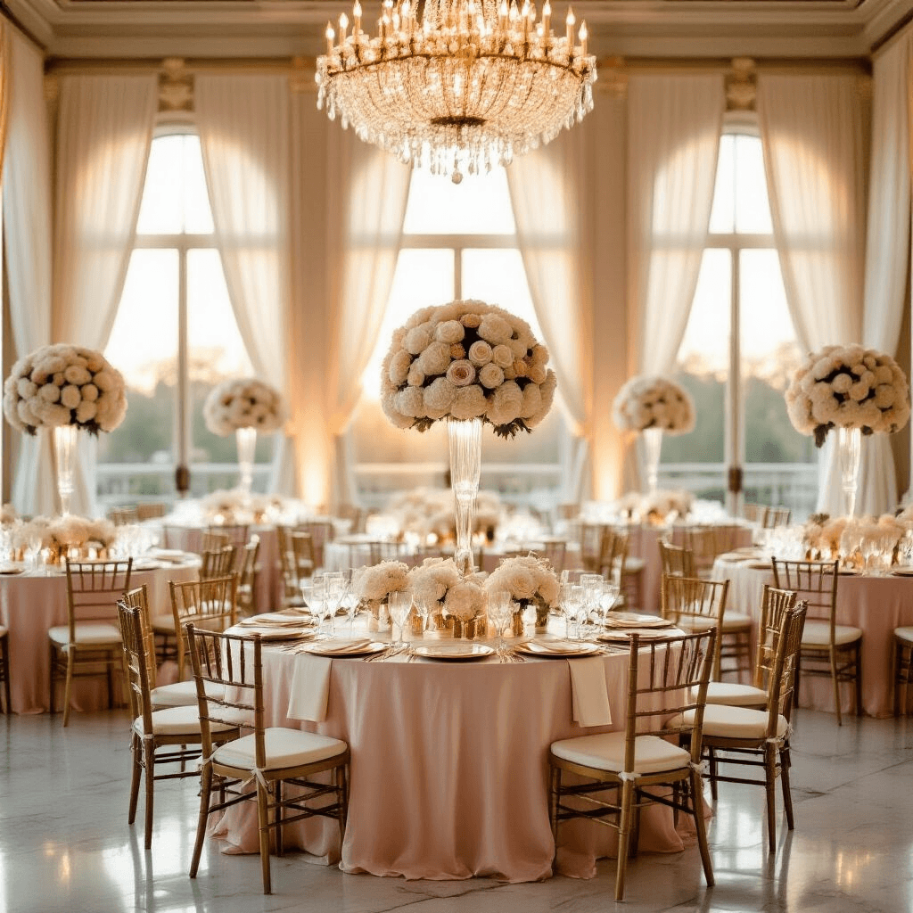All Stainless Steel Coffee Makers with No Plastic Elegant indoor ballroom during golden hour with blush pink silk linens, cream overlays, crystal chandeliers, tall floral centerpieces, gold-rimmed charger plates, and sheer ivory drapery creating a soft, romantic atmosphere.