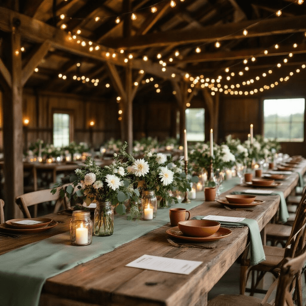 All Stainless Steel Coffee Makers with No Plastic Overhead view of a rustic barn wedding reception featuring reclaimed wood tables with sage green runners, terracotta dinnerware, mason jar centerpieces of eucalyptus and white dahlias, warm string lights, vintage brass lanterns, and burlap chair sashes, all illuminated in a cozy evening glow.