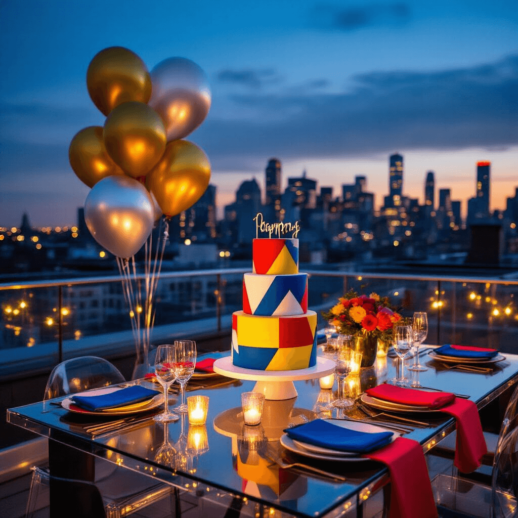 All Stainless Steel Coffee Makers with No Plastic A chic rooftop terrace birthday party at night, featuring sleek acrylic tables with bold primary-colored linens, contemporary dinnerware, and a vibrant three-tiered cake. Metallic balloons and LED strip lighting add flair, while personalized signage and a twinkling urban skyline enhance the sophisticated environment.