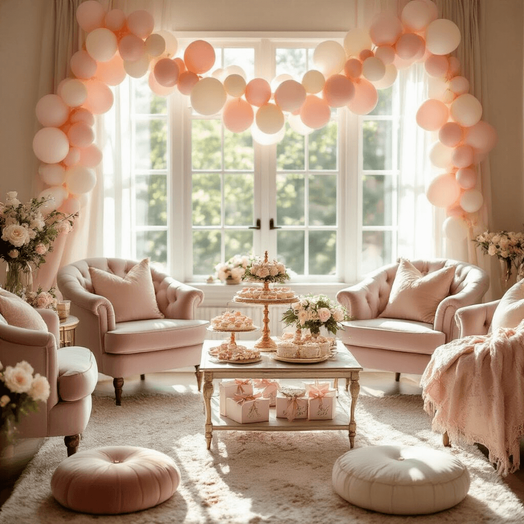 All Stainless Steel Coffee Makers with No Plastic A cozy living room baby shower decorated with blush pink and cream balloon garlands, featuring a dessert cart with vintage lace doilies and rose gold cake stands, velvet armchairs, and floor cushions arranged around a low table adorned with white roses and baby's breath, all illuminated by midday sun filtering through sheer curtains.