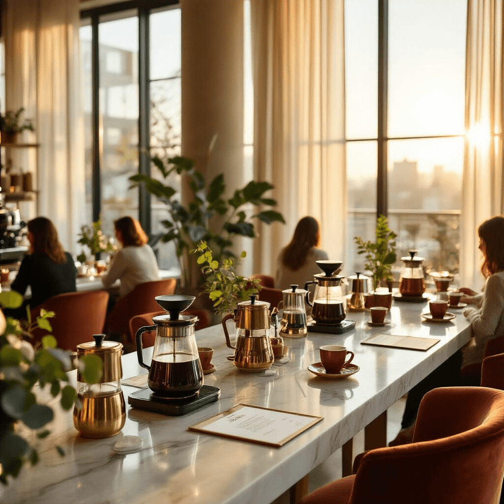 Why Your Percolator Coffee Maker Might Be the Game-Changer Your Morning Routine Desperately Needs Wide-angle view of an elegant coffee tasting event in a sunlit modern apartment, featuring vintage percolators on a marble countertop, round tables with brass accents, velvet chairs, and aromatic steam rising from brewing setups, all enhanced by soft natural light and eucalyptus decor.