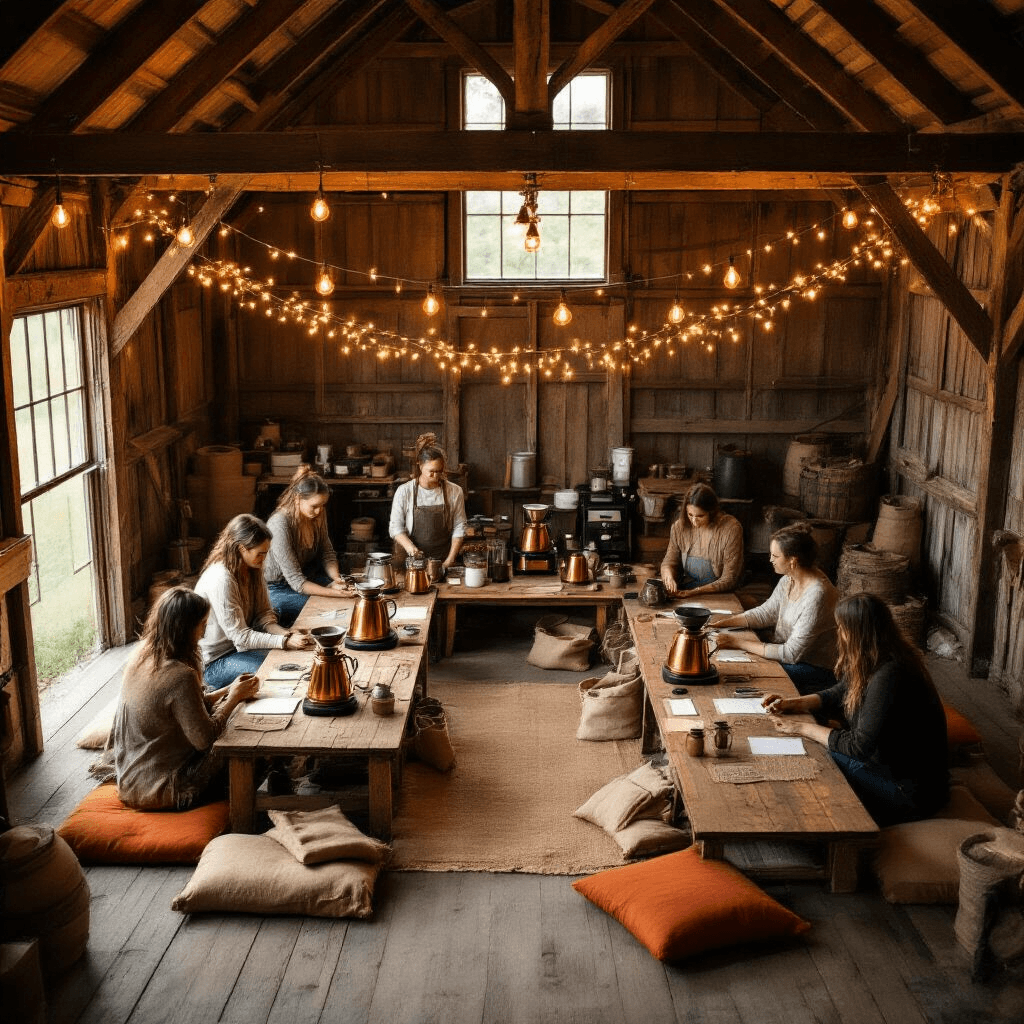 Why Your Percolator Coffee Maker Might Be the Game-Changer Your Morning Routine Desperately Needs Overhead view of a cozy coffee brewing workshop in a rustic barn, featuring percolator stations, vintage grinders, and warm candlelight with string lights, surrounded by small groups on floor cushions.