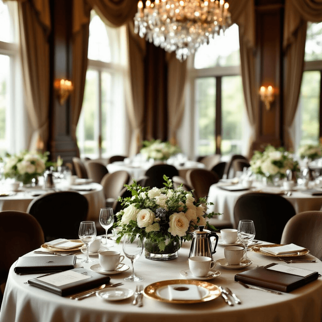 Why Your Percolator Coffee Maker Might Be the Game-Changer Your Morning Routine Desperately Needs Close-up view of an upscale coffee education seminar in an elegant ballroom, featuring ornate decor with crystal chandeliers, silk ivory table linens, and gold charger plates, focused on professional electric percolators, fine china, leather-bound journals, and floral arrangements.