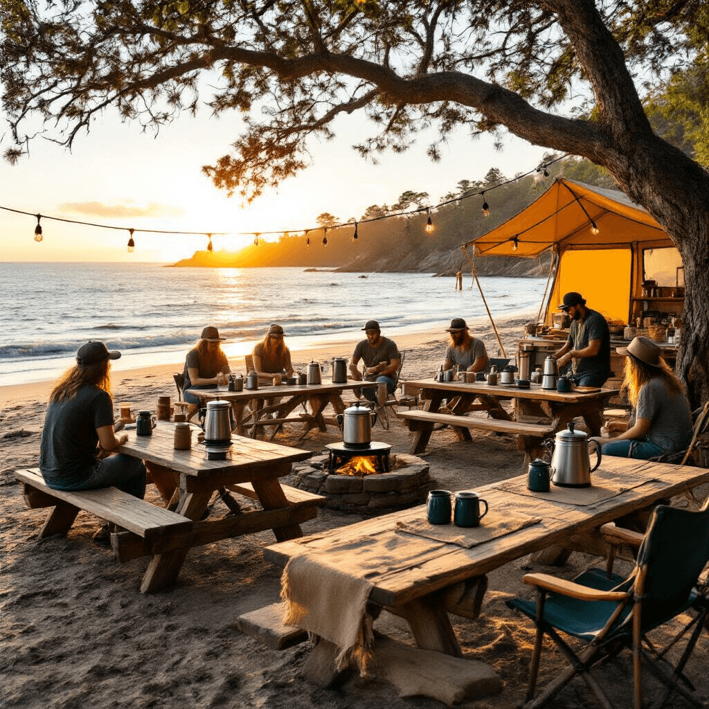Why Your Percolator Coffee Maker Might Be the Game-Changer Your Morning Routine Desperately Needs A vibrant outdoor coffee festival at the beach during golden hour, featuring rustic picnic tables with stovetop percolators, participants seated around fire pits, and twinkling string lights, all set against a backdrop of gentle ocean waves.