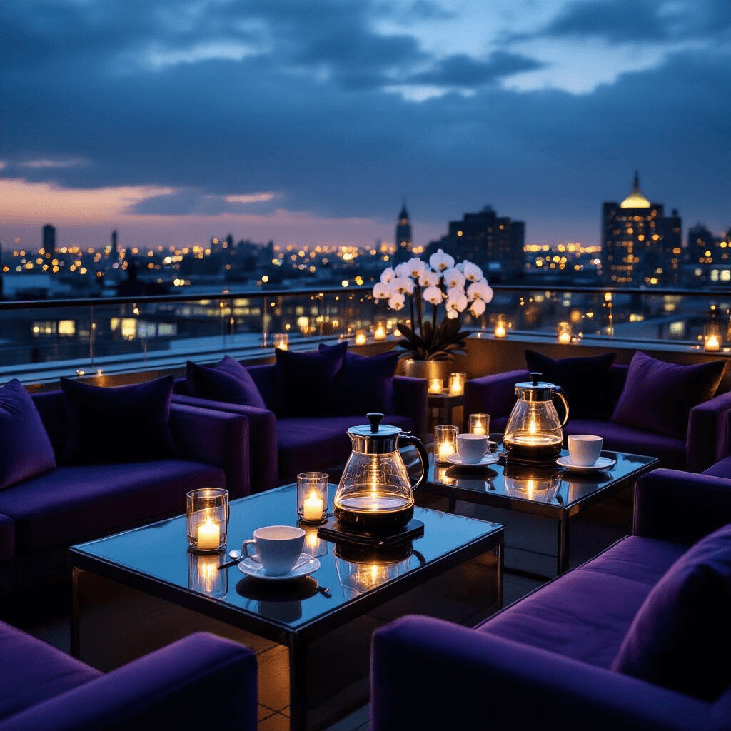 Why Your Percolator Coffee Maker Might Be the Game-Changer Your Morning Routine Desperately Needs Cinematic medium shot of a sophisticated rooftop terrace coffee cupping event, featuring sleek modern furniture, glass percolators with LED lighting, professional cupping bowls, and elegant decor with candlelight and fairy lights against a moody evening city backdrop.