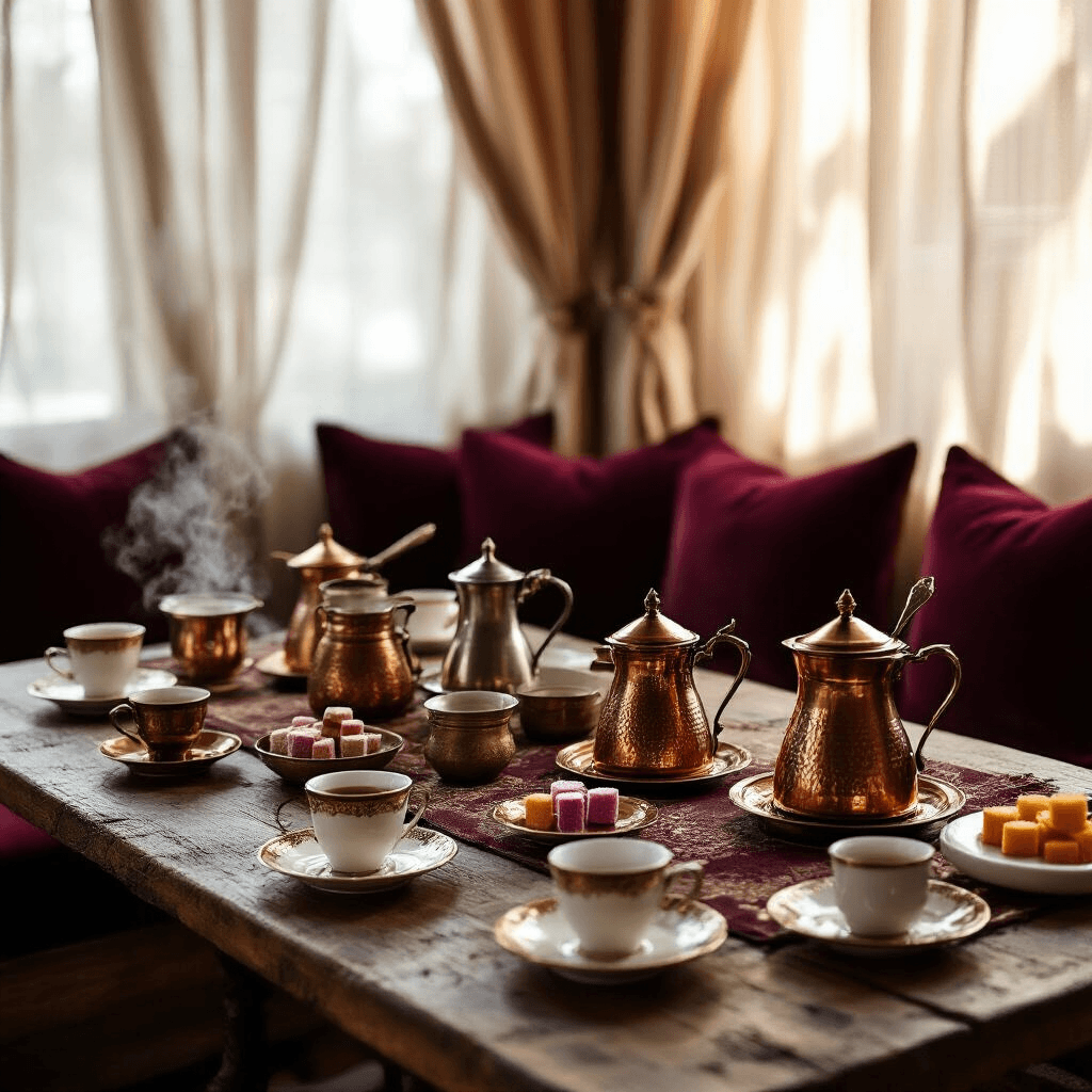 Finding the Perfect Turkish Coffee Maker: Your Complete Guide to Authentic Brewing at Home A cozy Turkish coffee tasting event featuring antique copper cezves, modern coffee makers, and elegant porcelain cups arranged on a rustic wood table, surrounded by burgundy velvet cushions, with soft morning light filtering through sheer curtains and steam rising from freshly brewed coffee alongside traditional Turkish delight.