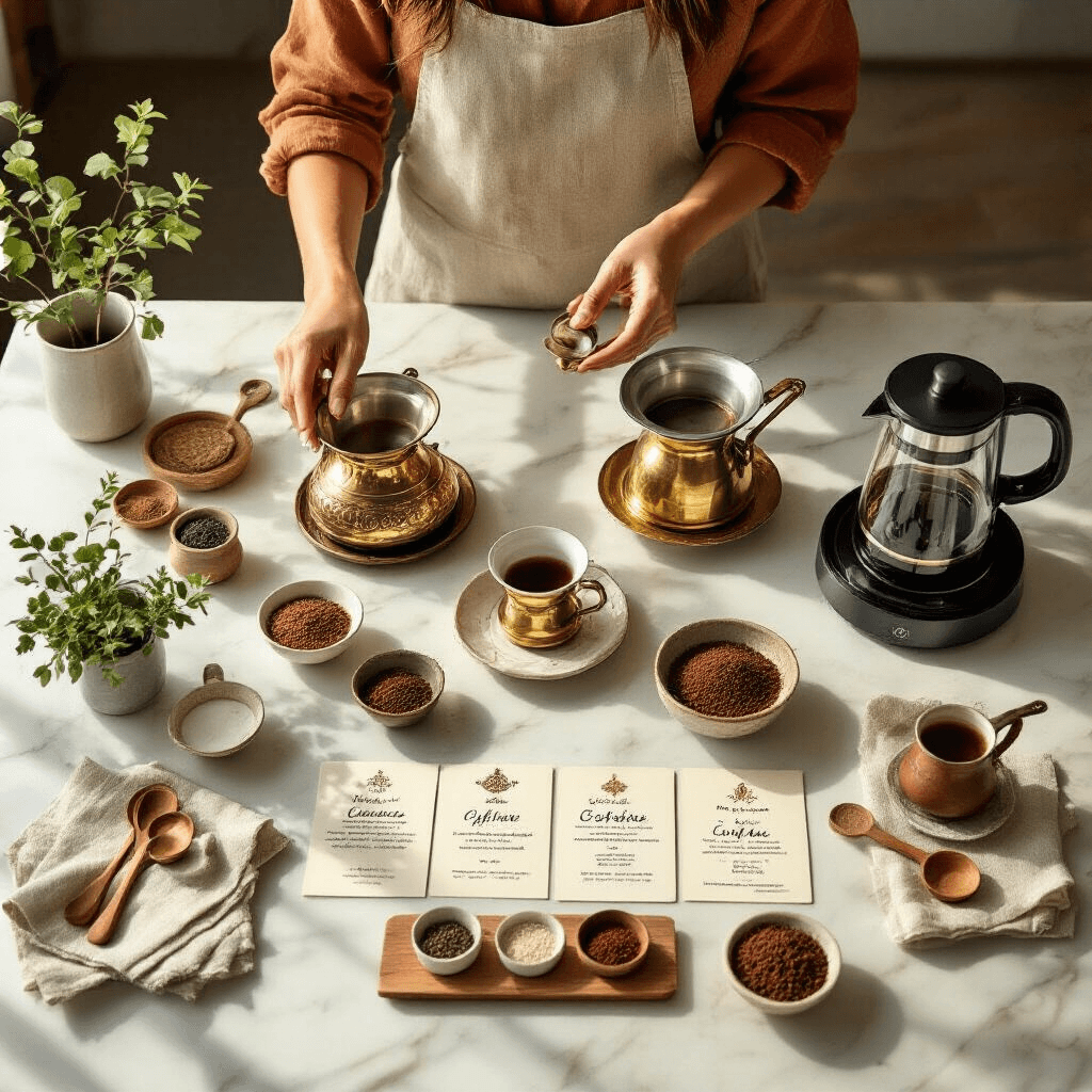 Finding the Perfect Turkish Coffee Maker: Your Complete Guide to Authentic Brewing at Home A flat lay shot of a Turkish coffee brewing workshop in a modern kitchen, featuring traditional cezves, electric machines, coffee grounds, spices, and instructional cards, all illuminated by golden hour sunlight on marble countertops.