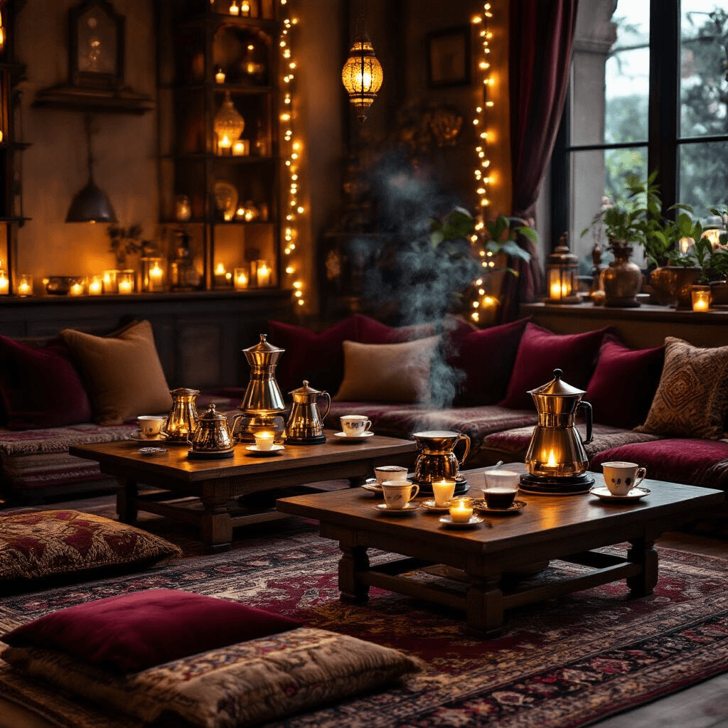 Finding the Perfect Turkish Coffee Maker: Your Complete Guide to Authentic Brewing at Home A cozy candlelit living room set up for a Turkish coffee appreciation gathering, featuring low wooden tables with floor cushions in jewel tones, a central coffee brewing station with various Turkish coffee makers, warm fairy lights, and a rich color palette of burgundy, gold, and ivory. Layered Persian rugs, velvet pillows, brass lanterns, and delicate china cups create an intimate atmosphere as guests sample freshly brewed coffee.