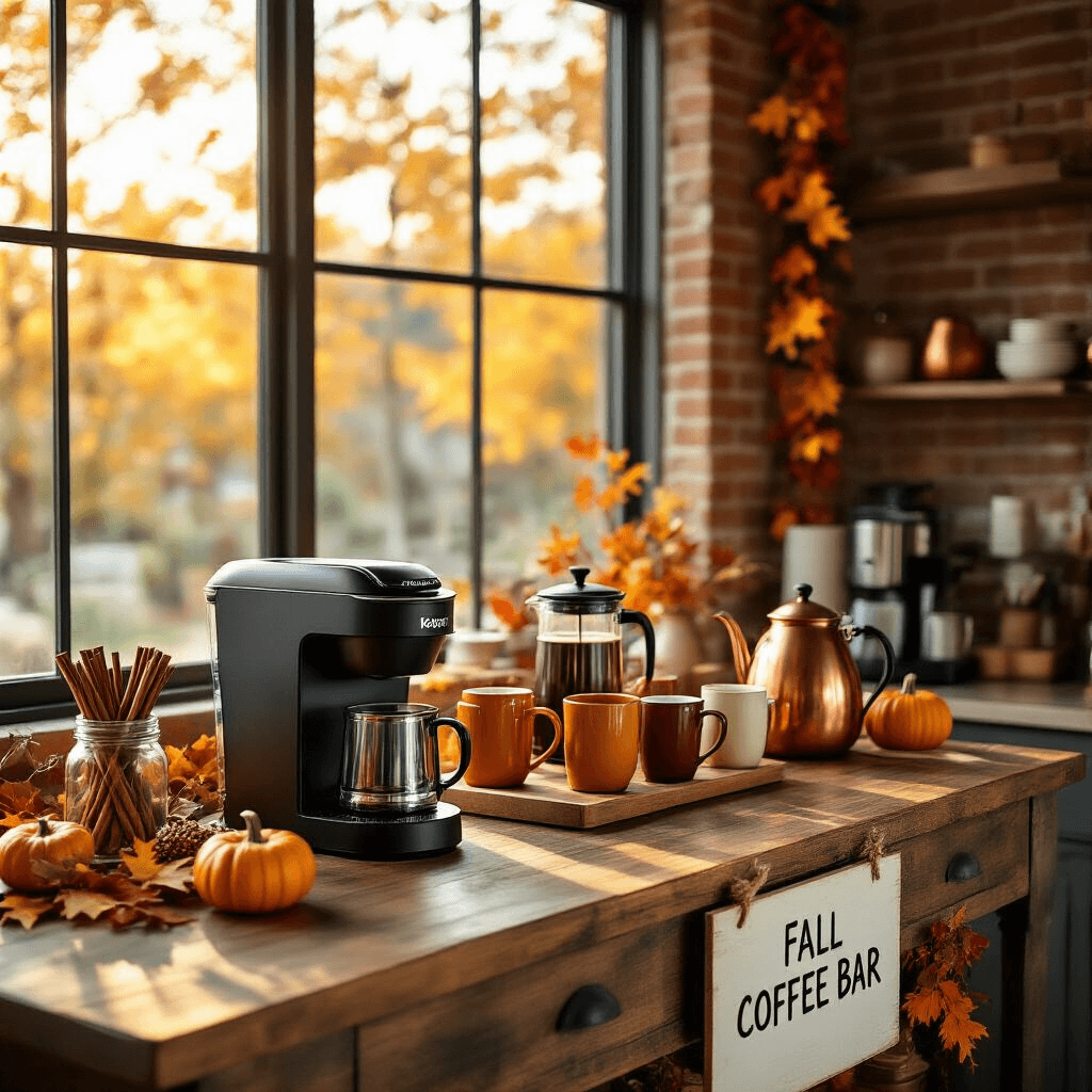 How to Set Up a Cozy Fall Coffee Bar That Will Make Your Guests Never Want to Leave A cozy fall coffee bar setup in a warm modern kitchen, featuring a rustic wooden console table, exposed brick walls, and golden hour sunlight, displaying a sleek black Keurig, French press, and copper kettle, with mason jars of cinnamon sticks and brown sugar, fall-themed ceramic mugs, small decorative pumpkins, and a handwritten 'Fall Coffee Bar' sign, all in a warm color palette.