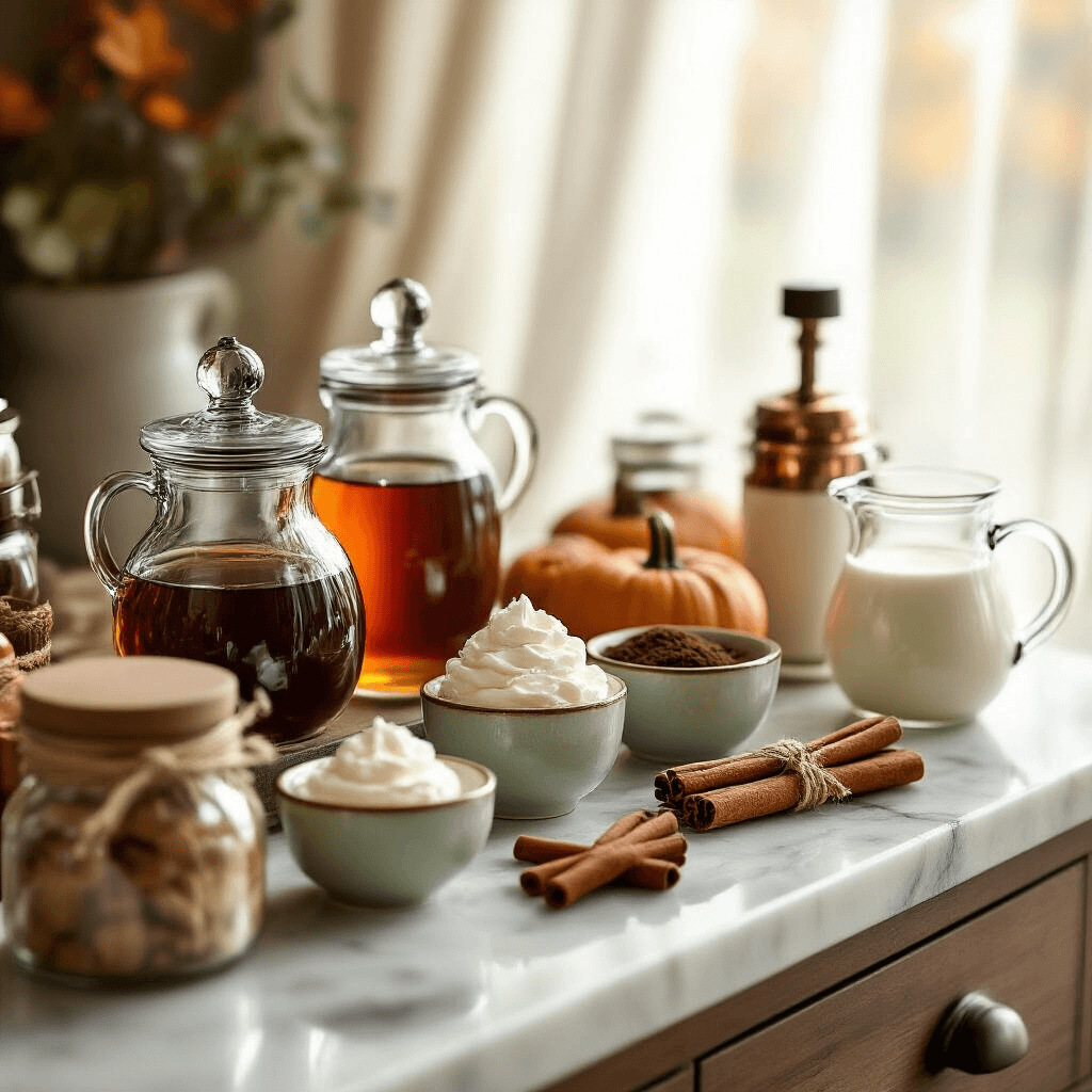 How to Set Up a Cozy Fall Coffee Bar That Will Make Your Guests Never Want to Leave Close-up of an elegantly styled fall coffee flavoring station on a marble countertop, showcasing glass dispensers of pumpkin spice and maple syrup, bundled cinnamon sticks, a whipped cream dispenser, honey sticks, heavy cream, and sugar in ceramic containers, all bathed in soft morning light.