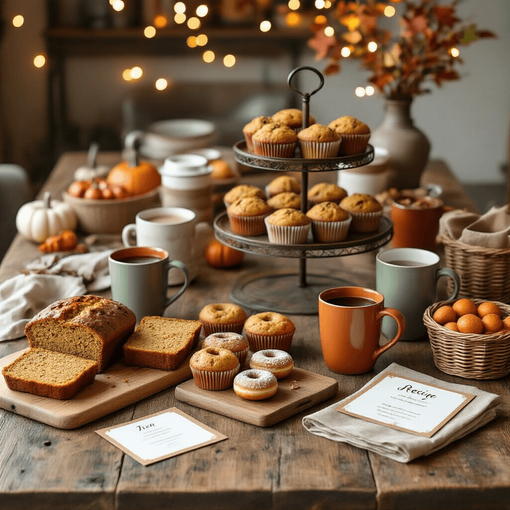 How to Set Up a Cozy Fall Coffee Bar That Will Make Your Guests Never Want to Leave Overhead flat lay of a fall coffee bar on a reclaimed wood table, featuring pumpkin bread, apple cinnamon muffins, mini donuts, colorful mugs, elegant recipe cards, personalized cups, and various add-ins, all surrounded by soft fairy lights and a warm autumn color palette.