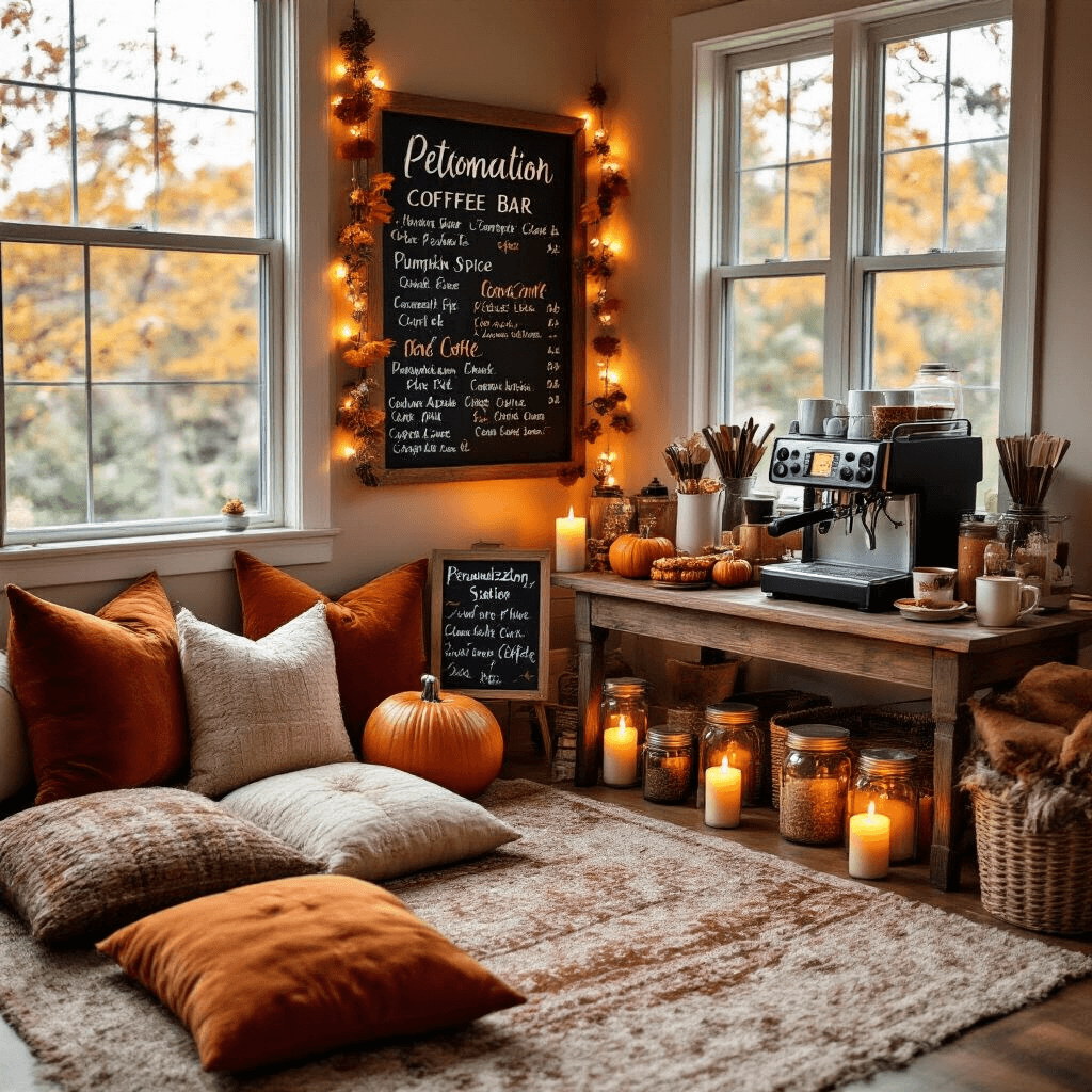 How to Set Up a Cozy Fall Coffee Bar That Will Make Your Guests Never Want to Leave Wide-angle shot of a cozy living room corner featuring an interactive fall coffee bar, with a low wooden table displaying coffee equipment and seasonal treats, surrounded by plush pillows, soft candlelight, and ambient string lights. Includes a personalization station with markers and recipe cards for fall drinks, mason jars with stirrers, and charming autumn decorations. The scene radiates a warm, intimate atmosphere rich in autumnal colors and textures.