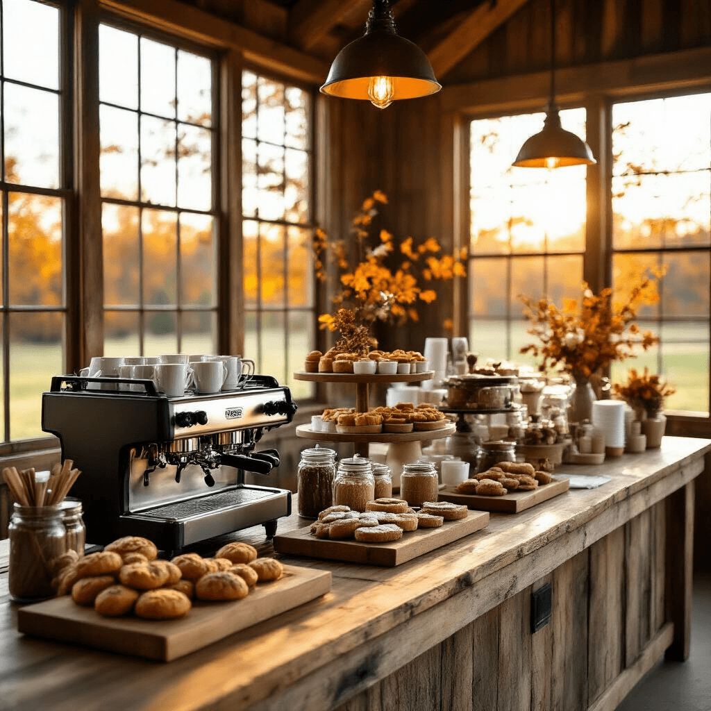 How to Set Up a Cozy Fall Coffee Bar That Will Make Your Guests Never Want to Leave Cinematic wide shot of an elegant fall coffee bar at a rustic barn, featuring a sophisticated setup with a coffee station, flavoring section, and organized cups, adorned with quality bakery items, seasonal treats on tiered stands, and autumn decorations, all illuminated by golden hour sunlight through large windows.