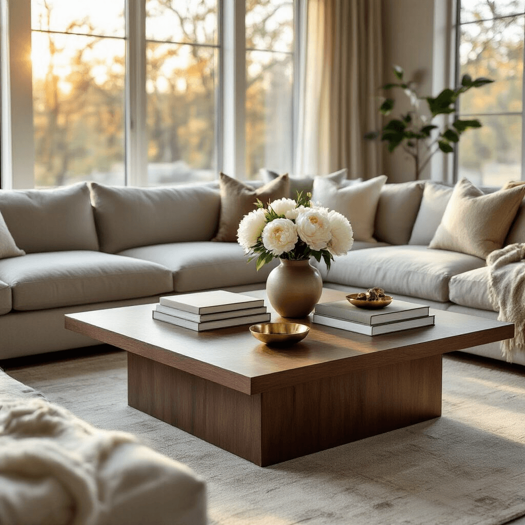 Square Coffee Tables: Your Complete Guide to Finding the Perfect Centerpiece Photorealistic wide-angle shot of a cozy modern living room during golden hour, featuring a walnut square coffee table styled with layered books and a ceramic vase of white peonies, surrounded by a soft gray sectional sofa, all illuminated by warm natural sunlight.