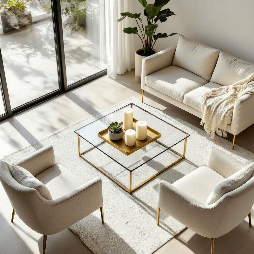 Square Coffee Tables: Your Complete Guide to Finding the Perfect Centerpiece Photorealistic overhead view of a glass square coffee table in a bright apartment, with midday sunlight streaming through large windows. The table is centered between a modern loveseat and two accent chairs, styled minimally with a brass tray, white candles, a succulent, and an oversized art book, all set against clean white and cream textiles.