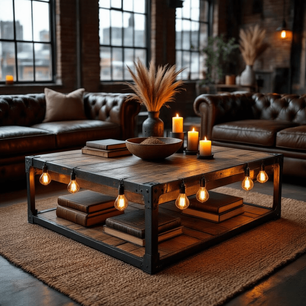 Square Coffee Tables: Your Complete Guide to Finding the Perfect Centerpiece Photorealistic image of an industrial-style loft featuring a reclaimed wood and metal coffee table, warm Edison bulb string lights, vintage leather-bound books, a ceramic bowl with dried pampas grass, and candles on a jute rug with chocolate brown leather sofas, creating a moody and sophisticated atmosphere.