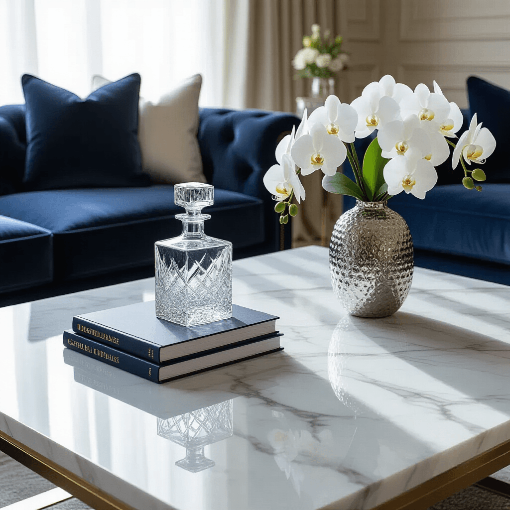Square Coffee Tables: Your Complete Guide to Finding the Perfect Centerpiece Photorealistic close-up of a luxurious Carrara marble coffee table in an elegant living room, featuring a crystal decanter set, white orchids in a silver vase, and art books, surrounded by navy velvet furniture, all illuminated by soft morning light.