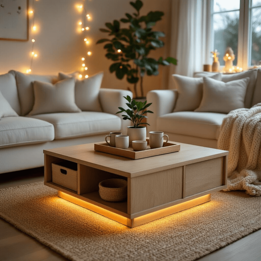 Square Coffee Tables: Your Complete Guide to Finding the Perfect Centerpiece Photorealistic wide-angle shot of a Scandinavian-inspired living room with warm ambient lighting, featuring a light oak square coffee table styled with hygge elements, white and cream linen sofas, and a natural jute rug, creating a cozy and inviting atmosphere.