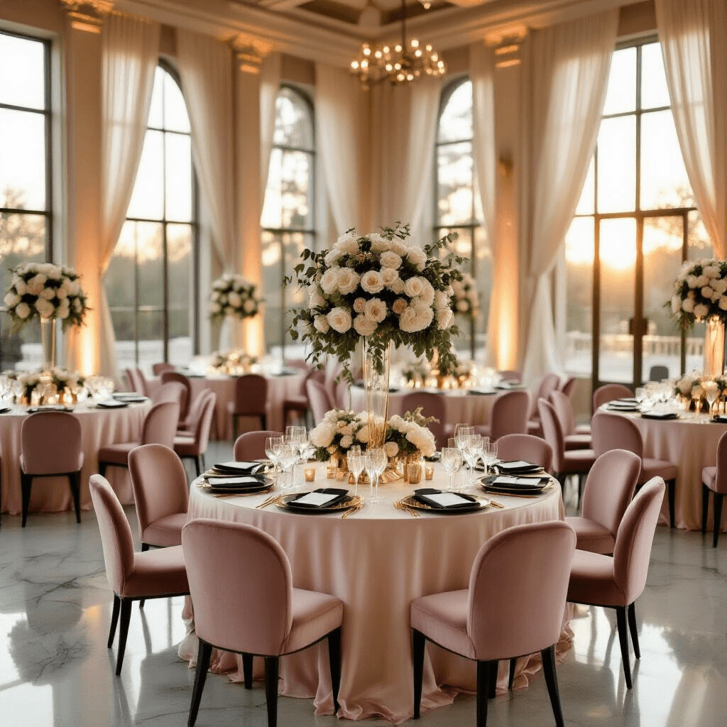 "Tips for Stylishly Decorating a Black Coffee Table" Wide-angle view of an elegant indoor ballroom during golden hour, featuring round tables with blush pink and cream silk linens, black coffee table centerpieces, and tiered floral arrangements in matte black vessels. Soft sunlight streams through tall windows, illuminating the space adorned with crystal glassware, gold-rimmed charger plates, velvet blush pink chairs, and fairy lights draped along sheer ivory curtains, all set on polished marble floors. Custom gold-framed calligraphy signage adds a personal touch.