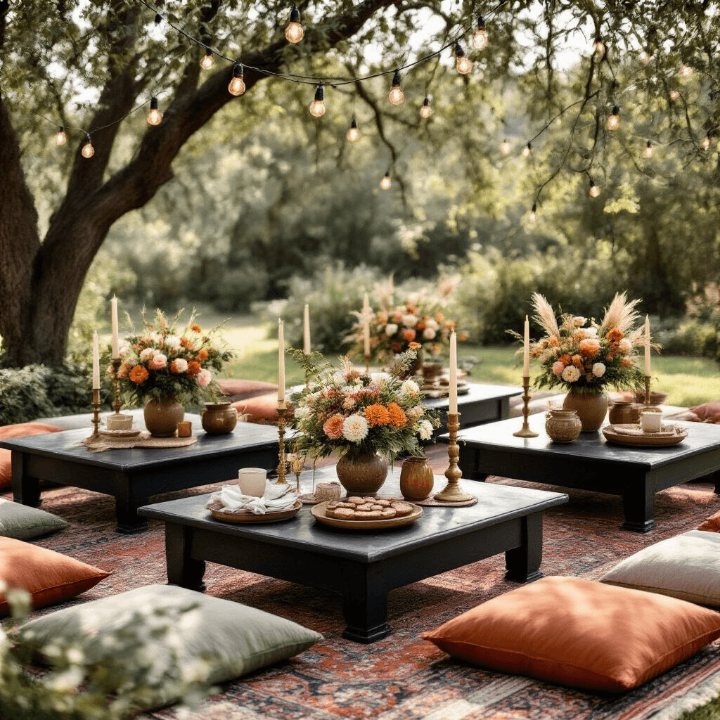 "Tips for Stylishly Decorating a Black Coffee Table" Close-up of a bohemian outdoor garden party setup featuring low black coffee tables on Persian rugs with terracotta and sage floor cushions, fresh florals in ceramic vessels, brass candlesticks with ivory candles, rustic wooden serving boards with artisanal treats, and vintage glassware, all under string lights in soft morning light.
