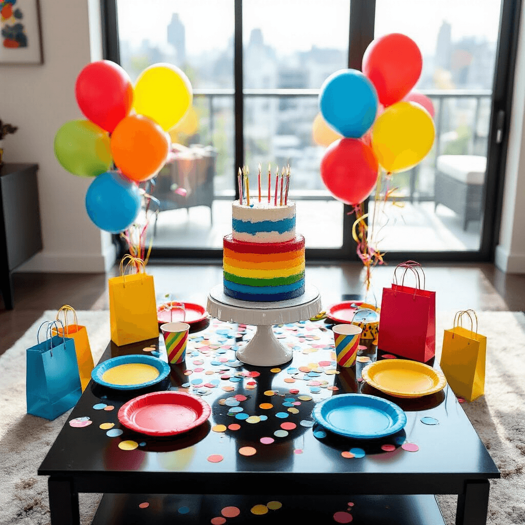 "Tips for Stylishly Decorating a Black Coffee Table" Overhead view of a colorful children's birthday party in a modern living room, featuring a three-tiered rainbow birthday cake on a black coffee table transformed into a dessert station, surrounded by balloon clusters, party favors, and scattered confetti, with bright plastic plates and cups in red, blue, and yellow.