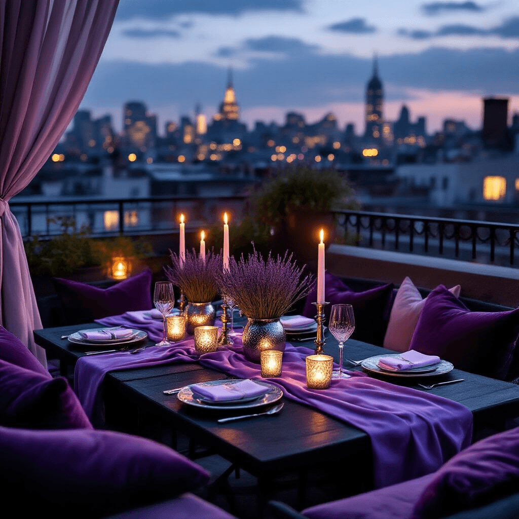 "Tips for Stylishly Decorating a Black Coffee Table" Cozy rooftop terrace dinner party with moody candlelit ambiance, featuring intimate black coffee tables for two adorned with lavender and silver silk runners, mercury glass votives, and fresh lavender in silver vessels, surrounded by deep purple velvet cushions, sheer drapery, city lights, and glowing pillar candles, all creating a romantic, luxurious outdoor dining atmosphere.