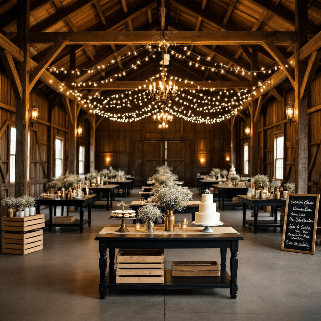 "Tips for Stylishly Decorating a Black Coffee Table" A rustic barn wedding reception featuring black coffee tables as gift and dessert stations, adorned with burlap runners, mason jar centerpieces, and vintage brass candlesticks, all illuminated by string lights and lanterns amidst a warm gold and ivory color scheme.